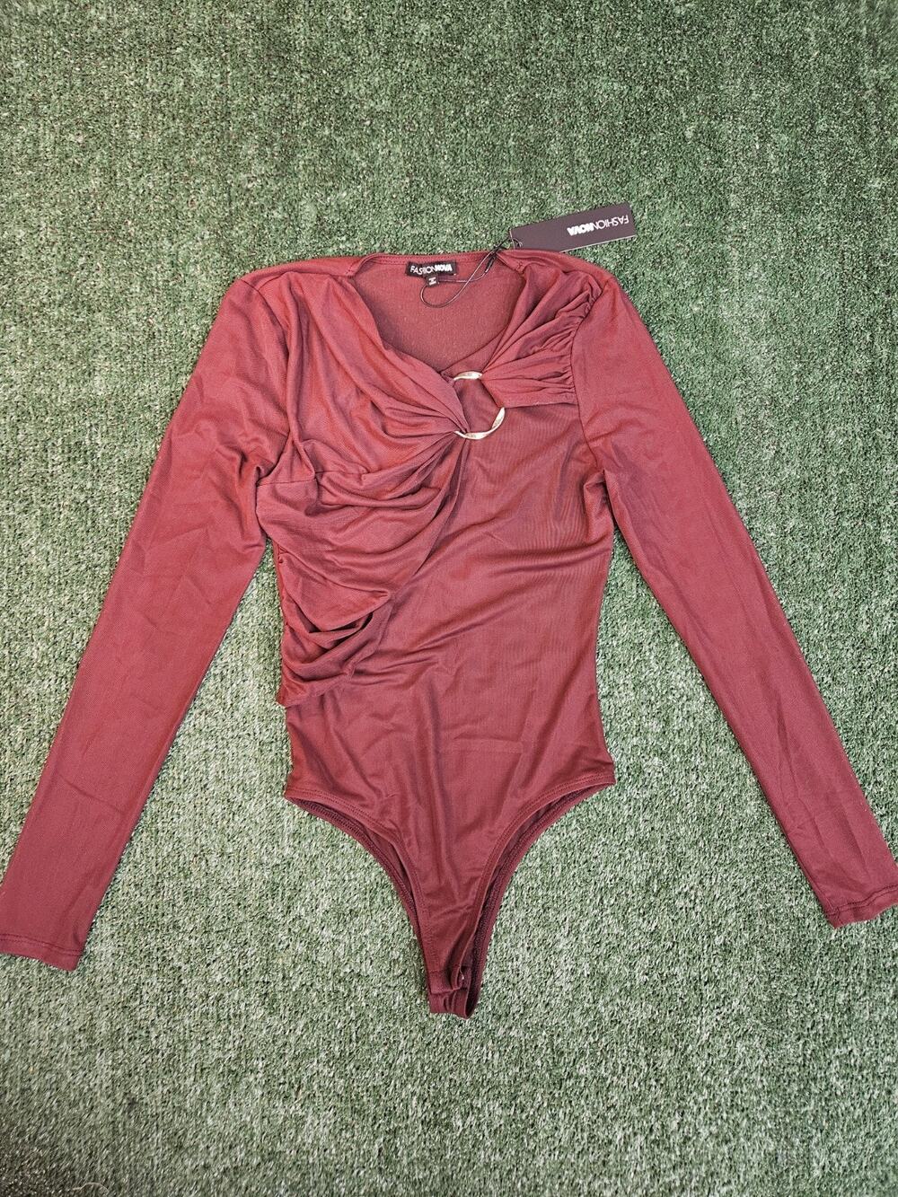 Fashion Nova Women’s Burgundy Long Sleeve One Piece Bodysuit, Sheer, Size XS